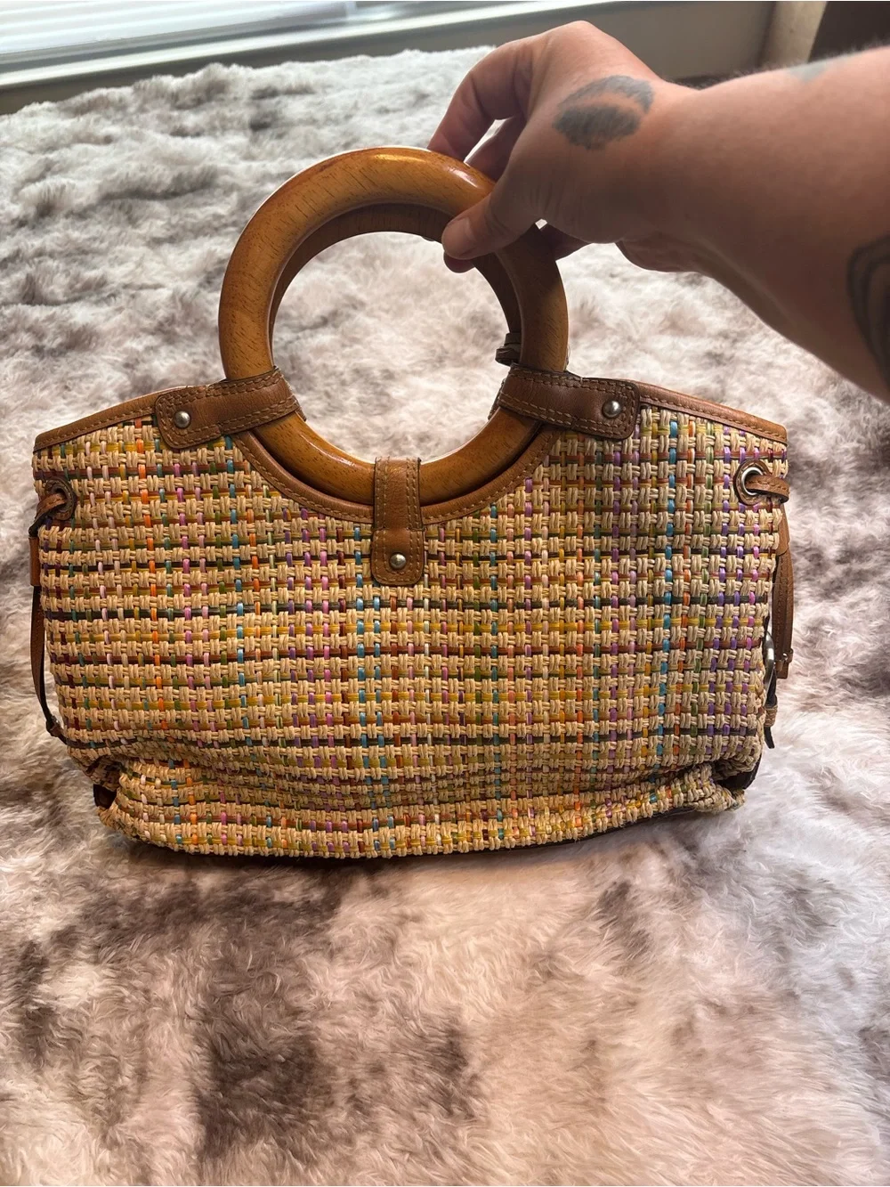 Fossil Multicolor Woven Tote with Wood Ring Handles